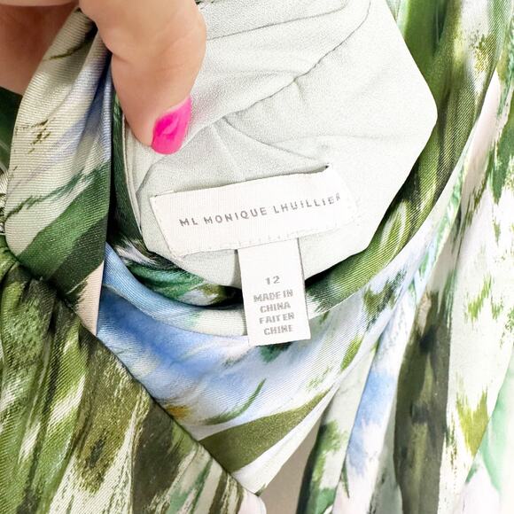 ML Monique Lhuillier Womens Dress Midi Bow-Embellished Printed Satin-Twill 12 - Picture 5 of 8